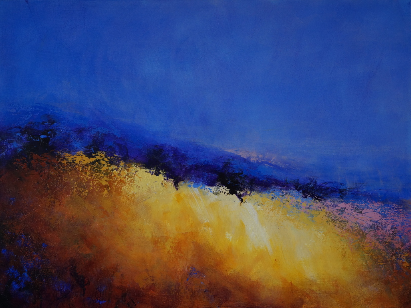 South-Downs-moorland-blue-yellow-Summer-seascape- sea-blue-purple-Summer-yellow-red-South-downs-moors-Alison-Tyldesley-original-framed-atmosheric-landscapes-impressionism