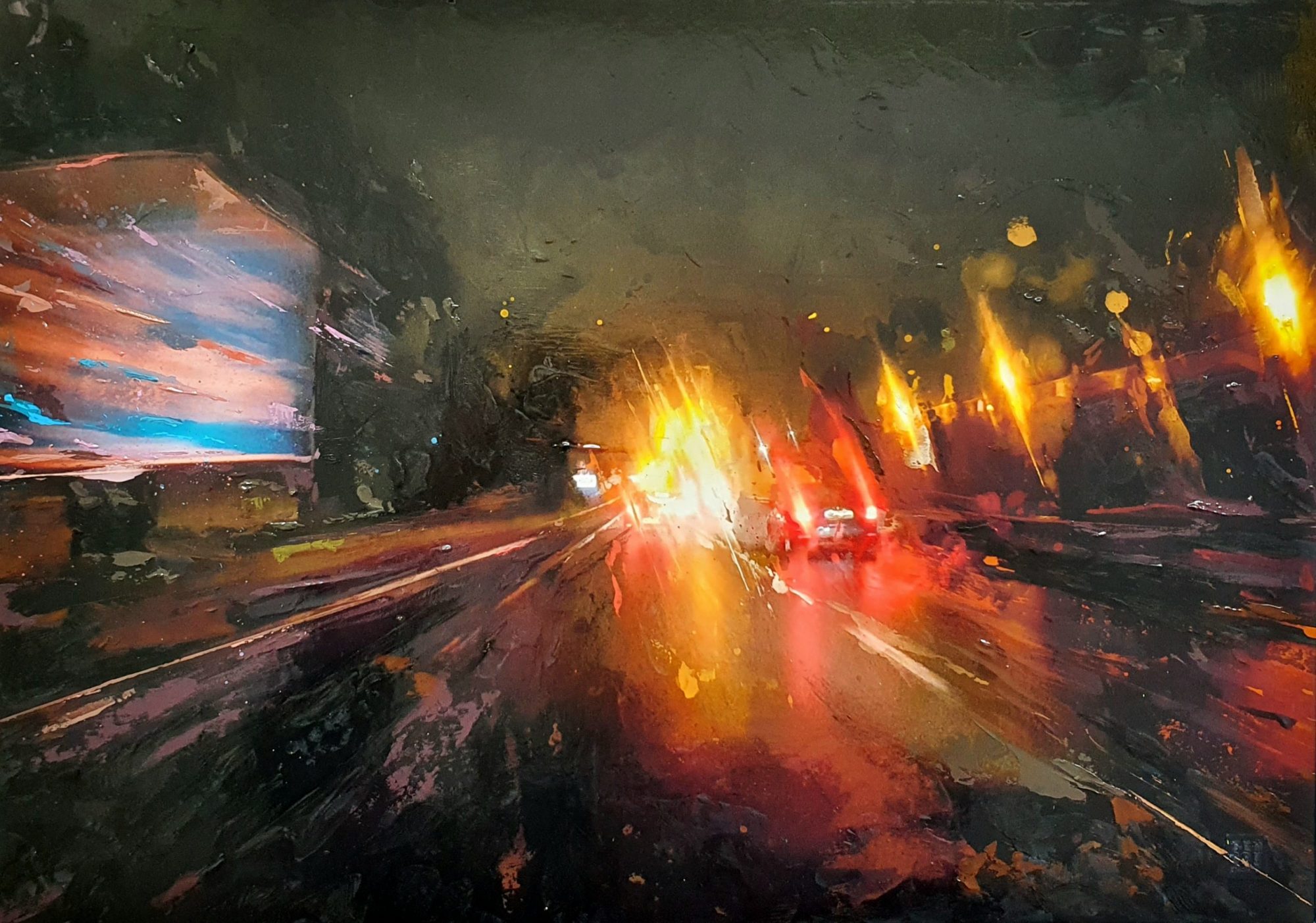 Hope-Gallery-landscape-cityscape-roadscape-nightscape-contemporary-mixed-media-urban-landscape-Manchester-artist-Salford-artist-Northwest-night-driving-headlights-encounter-open-road-memories-original-framed-rain-light-motorway