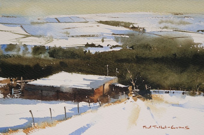 watercolour-original-painting-Cragg-Vale-Hebden-Bridge-Pennines-snow-fields-moors-Paul-Talbot-Greaves-winter