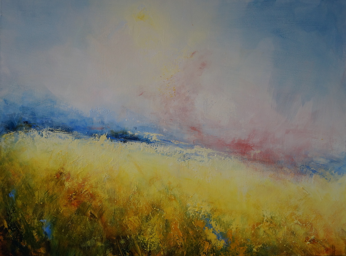 Summer-landscape-meadow-yellow-blue-seascape- sea-blue-purple-Summer-yellow-red-South-downs-moors-Alison-Tyldesley-original-framed-atmosheric-landscapes-impressionism