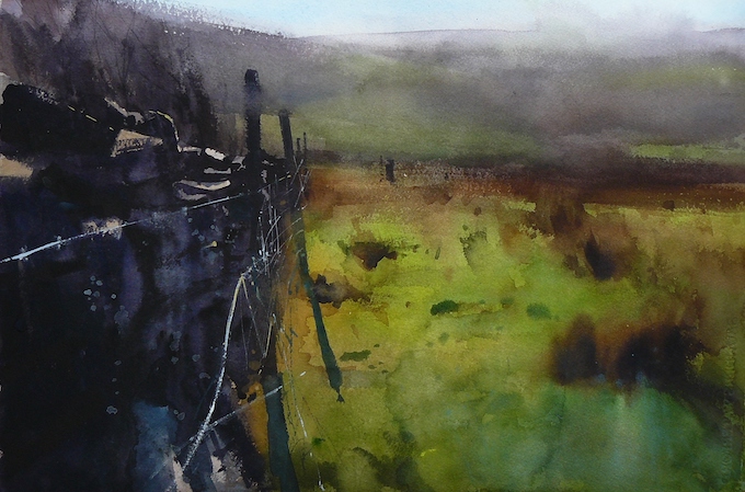 Paul-Talbot-Greaves-Original-painting-watercolour-Calder-Valley-Pennines-West-Yorkshire-green-moors-drystone-wall