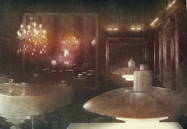 Anja-Percival-etching-cafe-light-copperplate-aquatint-wax-resist-crayon-hand-drawn-interior-chandelier-piano-mirror-table-chairs-pendant-lights-reflections-evening-light-muted-subdued-light-Denmark