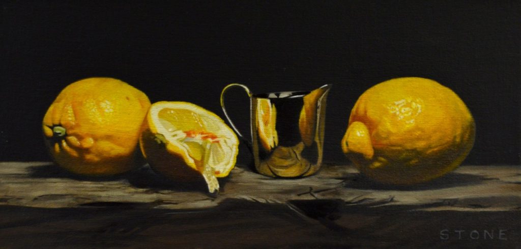 Silver Jug With Lemons On Wood 18×37