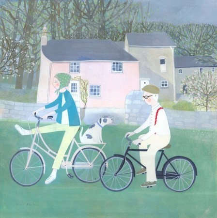 Mani-Annie-Art-Original-acrylic-dog-holiday-figurative-illustration-quirky-painting-happy-Hope-Gallery-Yorkshire-Darmouth-afternoon-tea-dog-cycling-pink-house-Spring