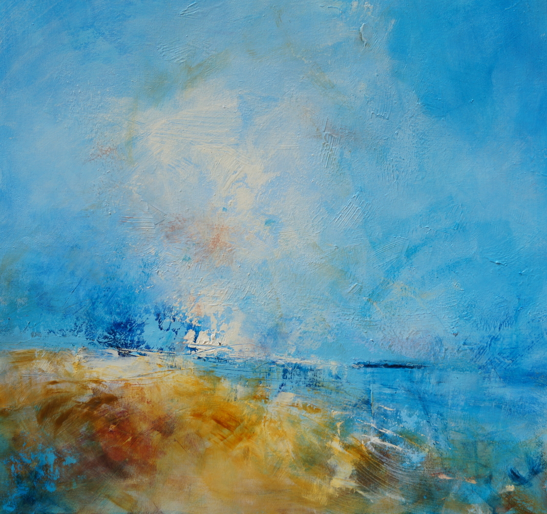 Seascape-blue-sand-yellow-seascape- sea-blue-purple-Summer-yellow-red-South-downs-moors-Alison-Tyldesley-original-framed-atmosheric-landscapes-impressionism