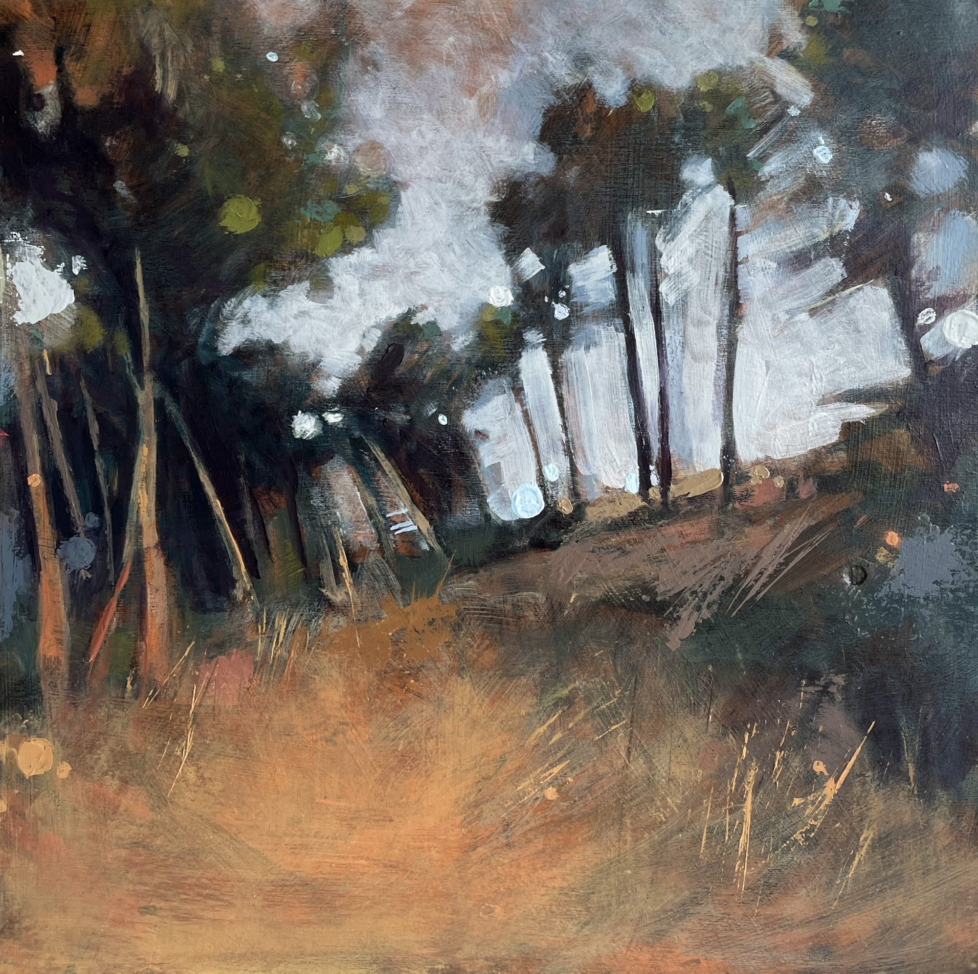 Jenny-Fermor-Spain-contempory-landscape-painting-treescapes-impressionism-abstract-landscape-oil-painting-warm-tones-mixed-media-sunlight-Yorkshire-gallery-original-art-Hope-Gallery
