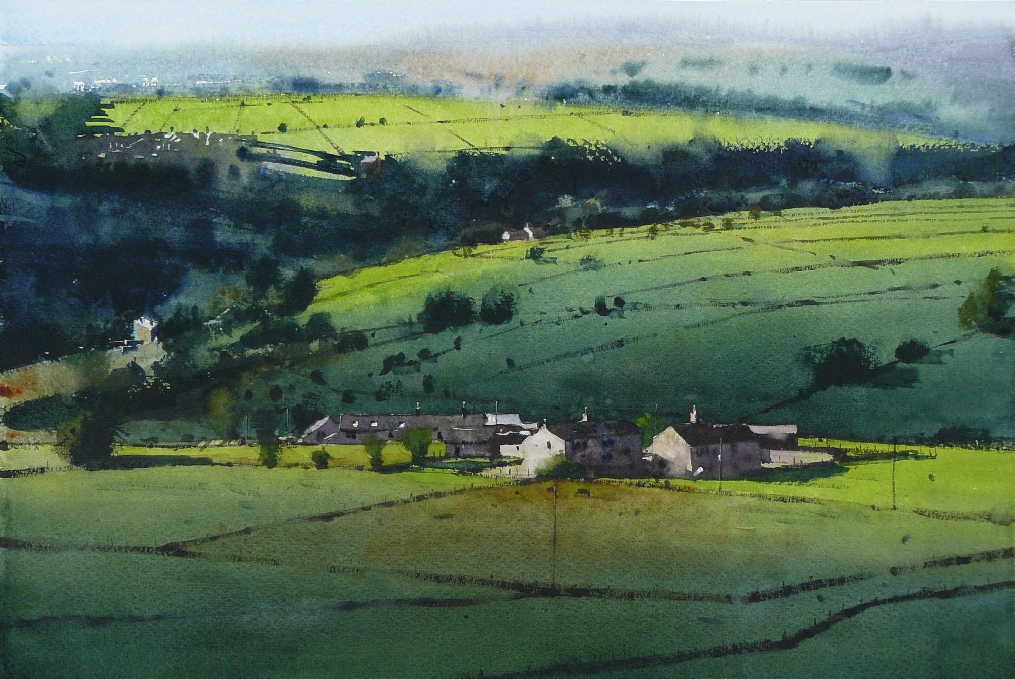 Paul-Talbot-Greaves-original-painting-Hebden-Bridge-Old-Town-West-Yorkshire-Pennines-green-fields-Calder-Valley-watercolour