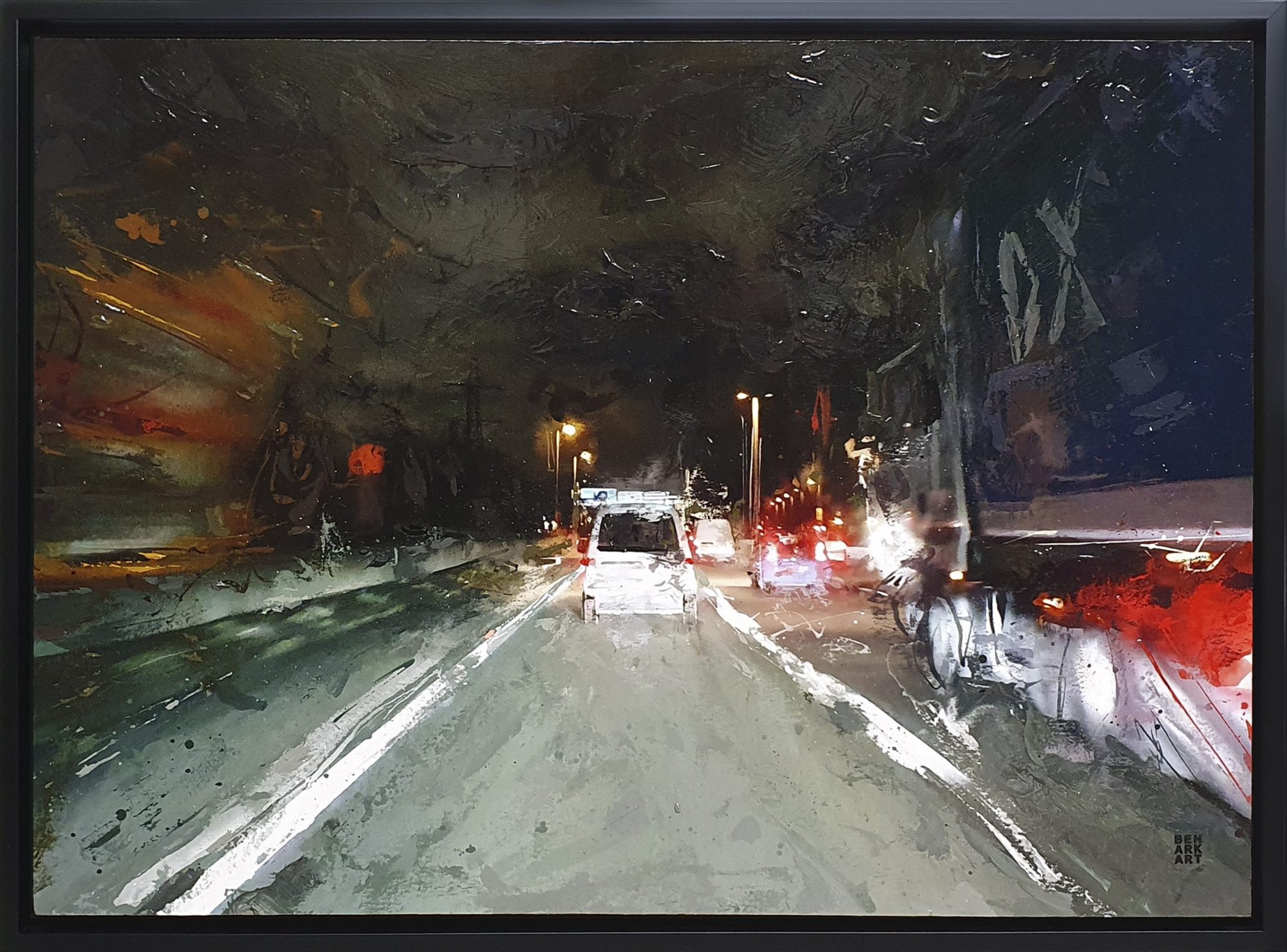 Hope-Gallery-landscape-cityscape-roadscape-nightscape-contemporary-mixed-media-urban-landscape-Manchester-artist-Salford-artist-Northwest-night-driving-headlights-encounter-open-road-memories-original-framed-rain-light