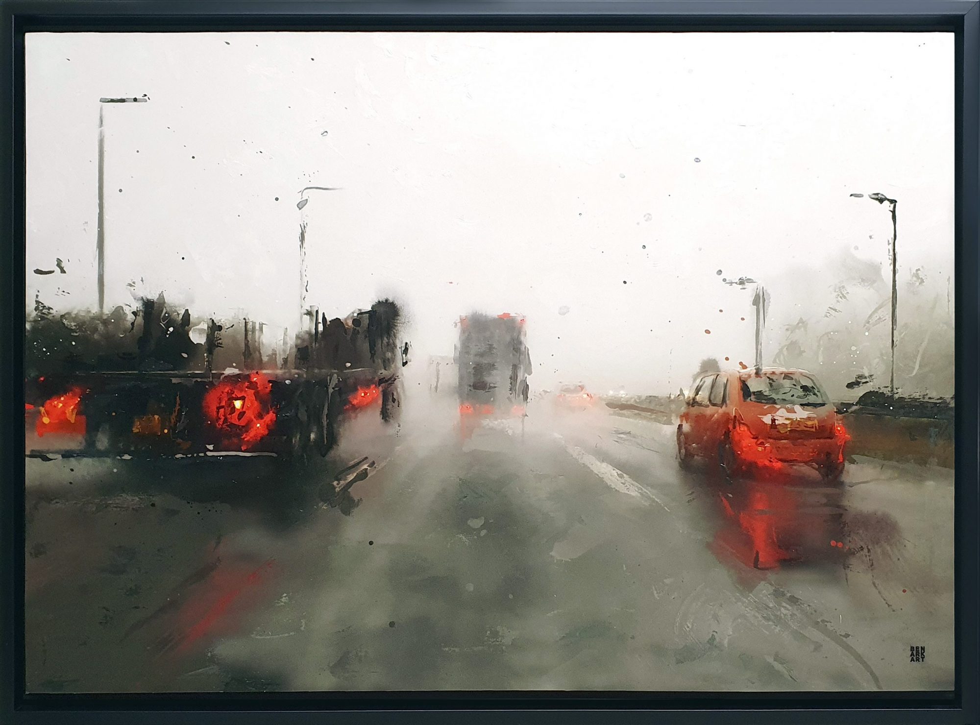 Hope-Gallery-landscape-cityscape-roadscape-nightscape-contemporary-mixed-media-urban-landscape-Manchester-artist-Salford-artist-Northwest-night-driving-headlights-encounter-open-road-memories-original-framed-rain-light