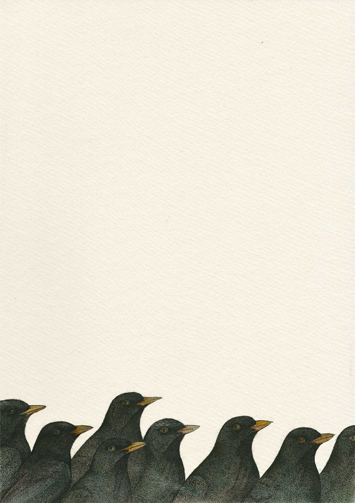 birds-Blackbird-flock-british-artist-Anna-Vialle-negative-space-ink-watercolour-walnut-frame-contemporary-art-original-art-Yorkshire-gallery-Hope-Gallery