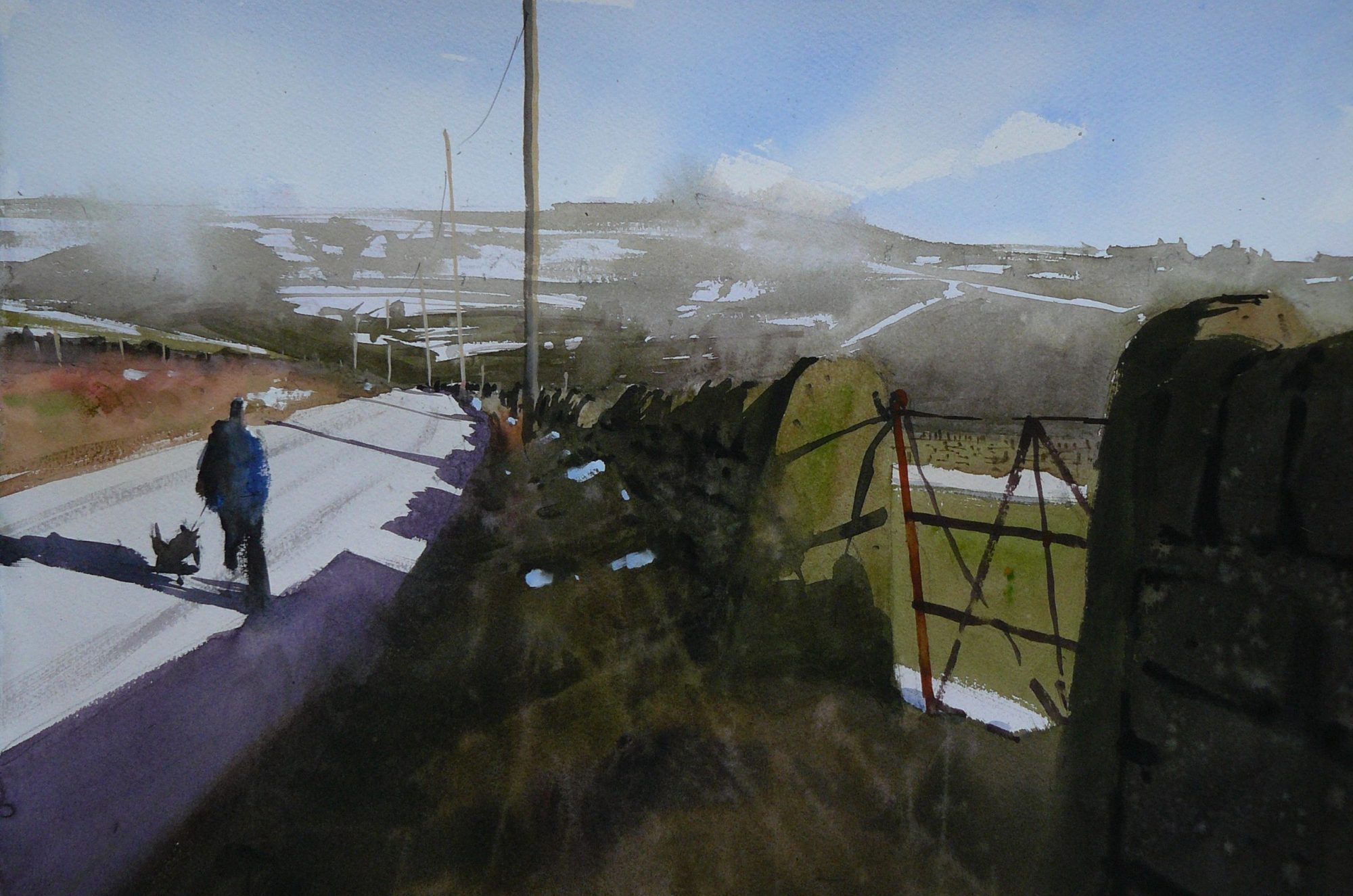 Paul-Talbot-Greaves-Original-painting-watercolour-South-Pennines-West-Yorkshire-Hebden-Bridge-Calder-Valley-walking-dog-moors-snow