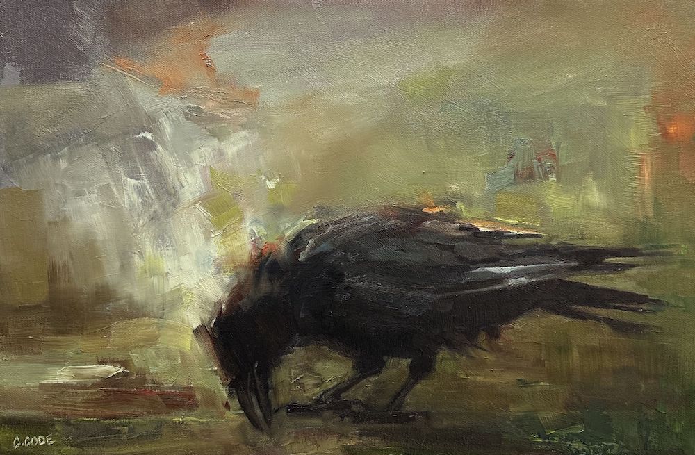 Oil painting on canvas of rook/crow/raven by Canadian artist Christine Code