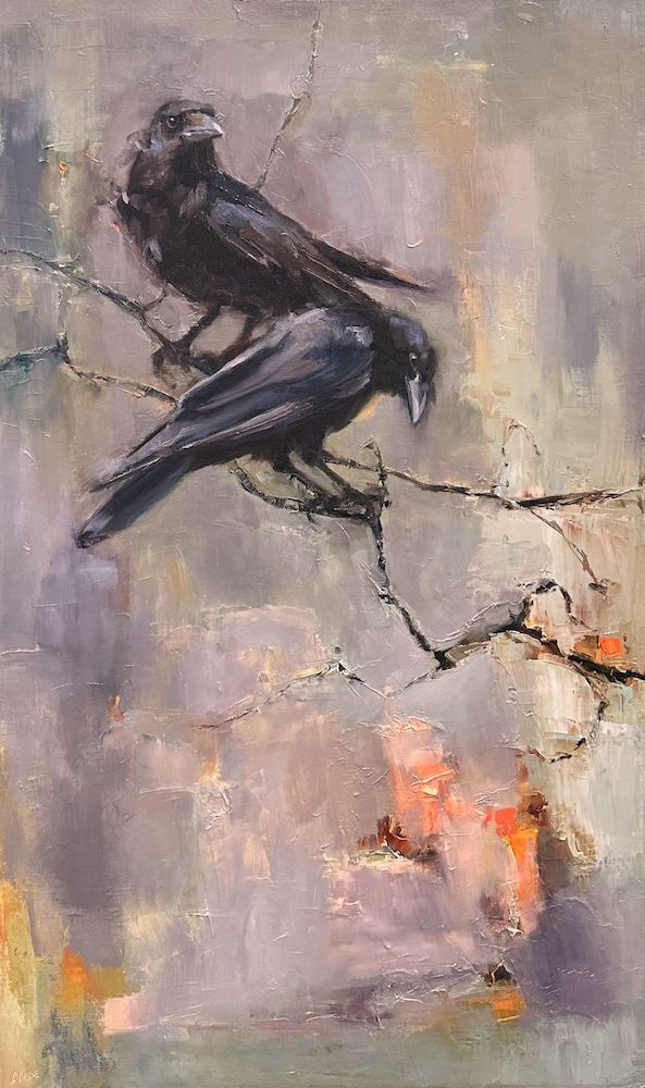 Oil painting on canvas of crows/rooks/ravens by Canadian artist Christine Code