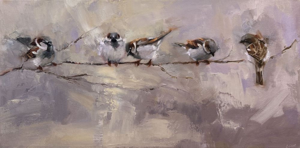 Oil painting on canvas of sparrows by Canadian painter Christine Code
